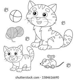 Coloring Page Outline of cartoon cat with kitten and with toys. Pets. Coloring book for kids.