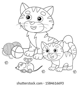 Coloring Page Outline of cartoon cat with kitten and with toys. Pets. Coloring book for kids.