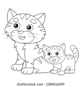 Coloring Page Outline of cartoon cat with kitten. Pets. Coloring book for kids.