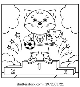 Coloring Page Outline Of Cartoon Cat With Soccer Cup. Champion Or Winner Of Football Game. Coloring Book For Kids.