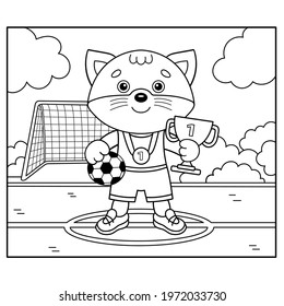 Coloring Page Outline Of Cartoon Cat With Soccer Cup And Ball. Champion Or Winner Of Football Game. Coloring Book For Kids.