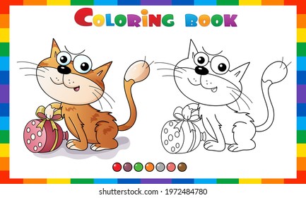 Coloring Page Outline Of cartoon cat with sausage. Gift for holiday. Birthday. Valentine's day. Greeting card. Coloring Book for kids.