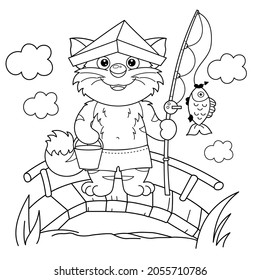 Coloring Page Outline of cartoon cat with fishing rod on the bridge. Cheerful fisher or fisherman with fish. Coloring Book for kids.