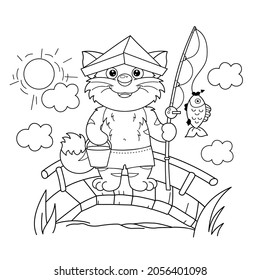Coloring Page Outline of cartoon cat with fishing rod on the bridge. Cheerful fisher or fisherman with fish. Coloring Book for kids.