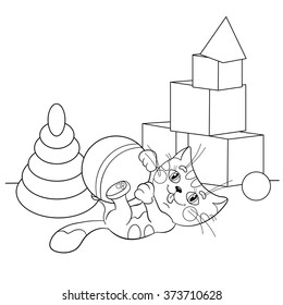 Coloring Page Outline Of cartoon cat playing with toys. Coloring book for kids