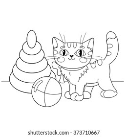 Coloring Page Outline Of cartoon cat playing with toys. Coloring book for kids