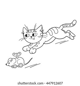Coloring Page Outline Of cartoon cat playing with toy clockwork mouse. Coloring book for kids