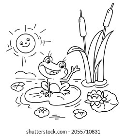 Coloring Page Outline Of cartoon cheerful frog on pond. Summer. Coloring Book for kids.