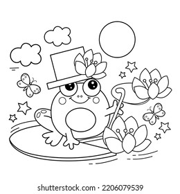 Coloring Page Outline Of cartoon cheerful frog on pond among the water lilies. Coloring Book for kids.