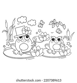 Coloring Page Outline Of cartoon cheerful frogs on pond among the water lilies. Coloring Book for kids.