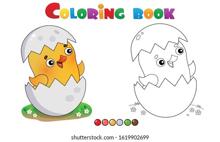 Coloring Page Outline of cartoon chick with egg. Farm animals. Coloring book for kids.