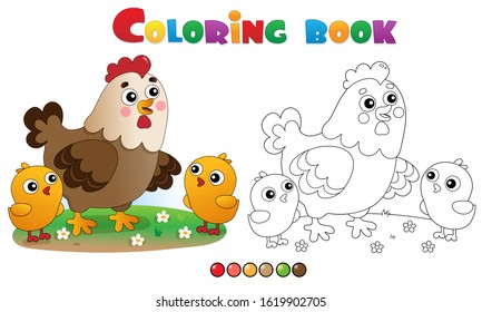 Coloring Page Outline of cartoon chicken or hen with chicks. Farm animals. Coloring book for kids.