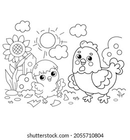 Coloring Page Outline of cartoon chicken or hen with newborn chick. Nestling with egg. Coloring book for kids.