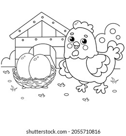 Coloring Page Outline of cartoon chicken with nest with eggs. Farm. Coloring book for kids.