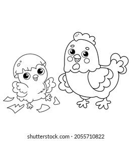 Colorante Página Esquema de la caricatura de pollo o gallina con polluelo recién nacido. Anidado con huevo. Libro de colorear para niños.