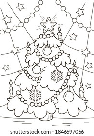 Coloring page outline of cartoon Christmas three. Colorful vector illustration, winters coloring book for kids.