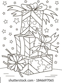 Coloring Page Outline Of Cartoon Christmas Gifts. Colorful Vector Illustration, Winters Coloring Book For Kids.