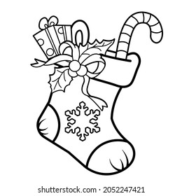 Coloring Page Outline Of cartoon christmas boot or sock with gifts and sweets. Christmas. New year. Coloring Book for kids