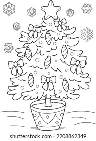 Coloring page outline of cartoon Christmas three. Colorful vector illustration, winters coloring book for kids.