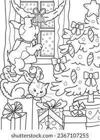 Coloring page outline of cartoon Christmas night. Colorful vector illustration, winters coloring book for kids.