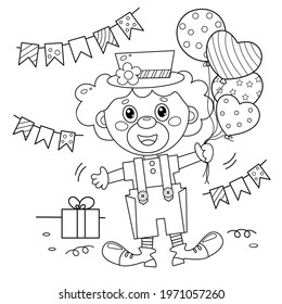 Coloring Page Outline of cartoon circus clown with balloons and gifts. Birthday. Coloring Book for kids.