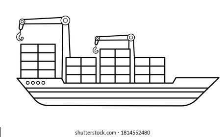 Coloring page outline of cartoon container ship. Vector image on white background. Coloring book of transport for kids.