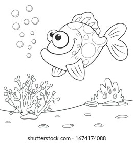 Coloring page outline of cartoon Coral Fish. Page for coloring book of funny fish for kids. Activity colorless picture of cute animals. Anti-stress page for child. Black and white vector illustrationю