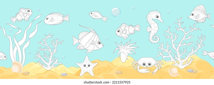 Esquema de la página de color de la caricatura sobre la vida marina en los arrecifes de coral. Paisaje submarino con cangrejo lindo, pez estrella, berenjena, tango azul, cebrasoma, pez payaso, caballito de mar y corales. Libro de Colores para niños. Vector 