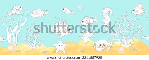 Coloring page outline of cartoon coral reef sea life.\
Undersea landscape with cute crab, starfish, bannerfish, blue tang,\
zebrasoma, clownfish, seahorse and corals. Coloring book for\
children. Vector 