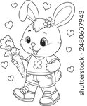 Coloring page outline of the cartoon cute rabbit with carrot. Colorful vector illustration, summer coloring book for kids.