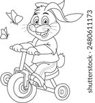Coloring page outline of the cartoon cute little rabbit with a bicycle. Colorful vector illustration, summer coloring book for kids.