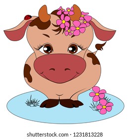 Coloring page outline of cartoon cute cow with . Colorful vector illustration, coloring book for kids. 