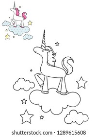 Coloring page outline of cartoon cute unicorn on a cloud. Hand drawn vector illustration. Coloring book for kids. Isolated.