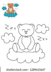 Coloring page outline of cartoon cute bear on a cloud. Hand drawn vector illustration. Coloring book for kids. Isolated.