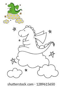 Coloring page outline of cartoon cute dinosaur on a cloud. Hand drawn vector illustration. Coloring book for kids. Isolated.