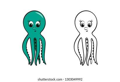 Coloring page outline of cartoon cute octopus. Coloring book for kids. Vector illustration, 