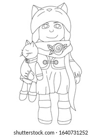 Coloring page outline of cartoon cute little girl with toy cat  in the hand.  Vector illustration,  coloring book for kids.