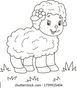 Coloring page outline of cartoon cute little baby sheep. Colorful vector illustration, summer coloring book for kids.