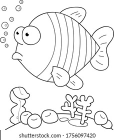 Coloring page outline of cartoon cute sad fish. Colorful vector illustration, summer coloring book for kids.