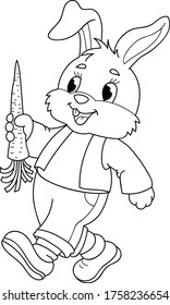 Coloring page outline of cartoon cute rabbit with carrot. Colorful vector illustration, summer coloring book for kids.