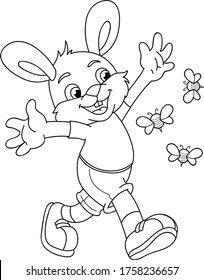 Coloring page outline of cartoon cute rabbit with bees. Colorful vector illustration, summer coloring book for kids.