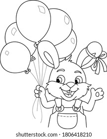 Coloring page outline of cartoon cute rabbit with balloons. Colorful vector illustration, holidays coloring book for kids.