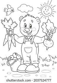 Coloring page outline of cartoon cute bear with vegetables and fruits. Colorful vector illustration, summer coloring book for kids.