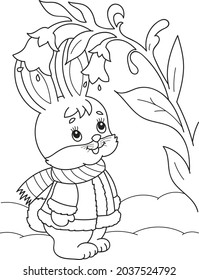 Coloring page outline of cartoon cute little rabbit with the big flower. Colorful vector illustration, summer coloring book for kids.