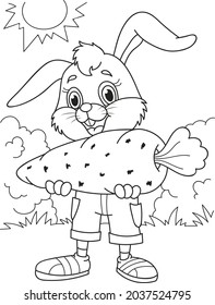 Coloring page outline of cartoon cute rabbit with carrot. Colorful vector illustration, summer coloring book for kids.