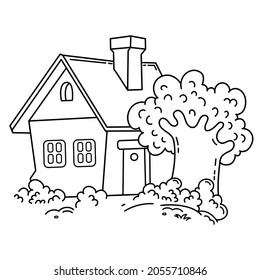 Coloring Page Outline Of cartoon cute village home. Country house. Summer cottage. Coloring Book for kids.