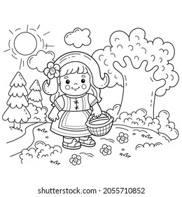 Coloring Page Outline Of cartoon cute girl with basket walking through the forest. Little red riding hood. Fairy tale. Fabulous hero. Coloring Book for kids.