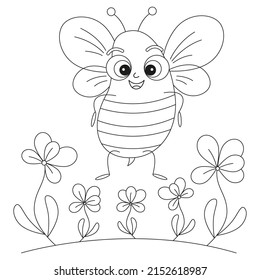 coloring page outline of cartoon cute bee flies over the flowers. colorful vector illustration, summer coloring book for kids