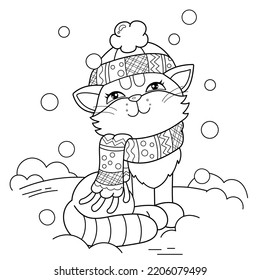 Coloring Page Outline Of Cartoon Cute Cat In A Winter Hat With A Scarf In The Snow. Coloring Book For Kids.