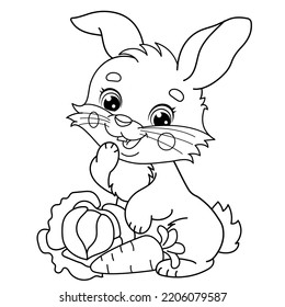 Coloring Page Outline Of cartoon cute bunny or rabbit with carrot and cabbage. Animals. Coloring Book for kids.